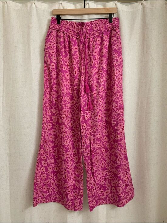 Knox Rose Pants - Knox Rose Cotton Blend Pink Paisley Wide-Leg Drawstring Pants Pockets Medium